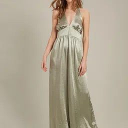 DOROTHY PERKINS Green Solid Satin Halter Neck Basic Jumpsuit-39