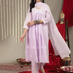 Varanga Floral Embroidered Empire Thread Work Pure Cotton Kurta With Trousers & Dupatta-56
