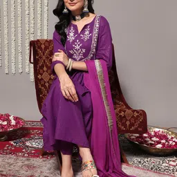 Varanga Women Purple Ethnic Motifs Yoke Design Pure Cotton Kurta with Trousers & Dupatta-picture-22
