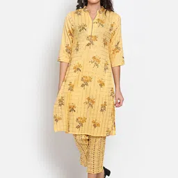 MARC LOUIS Women Yellow Floral Printed Regular Pure Cotton Kurta with Trousers-image-96