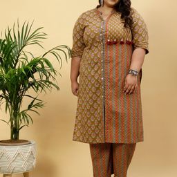 Jaipur Kurti Plus Size Ethnic Motifs Printed Pure Cotton Kurta with Trousers-11