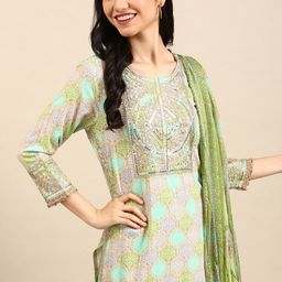 SHOWOFF Women Green Colourblocked Empire Chanderi Cotton Kurta with Trousers & With Dupatta-picture-0