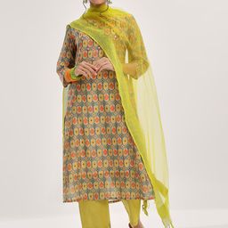 Varanga Women Lime Green Ethnic Motifs Printed Mirror Work Kurta with Trousers & With Dupatta-picture-32