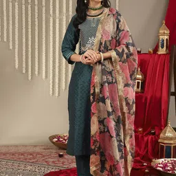 Varanga Women Green Ethnic Motifs Embroidered Gotta Patti Kurta with Trousers & With Dupatta-48