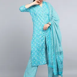 AHIKA Women Turquoise Blue Ethnic Motifs Printed Pure Cotton Kurta with Trousers & Dupatta-image-72