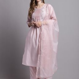 Roly Poly Floral Yoke Design Pleated Thread Work Kurta With Trousers & Dupatta-image-17