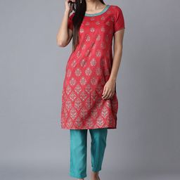 AURELIA Women Red & Turquoise Blue Ethnic Motifs Printed Sequinned Kurta with Trousers-15