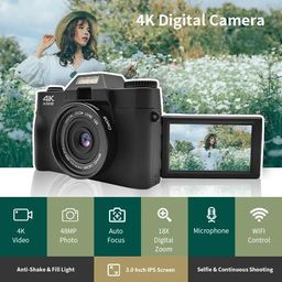 kinetikitch 4K Digital Camera with 48MP Autofocus, 16X Zoom, Compact Vlogging Camera for YouTube with SD Card, Anti-Shake & IPS Display with 3" flip Screen – Ideal for Travel & Photography image 4