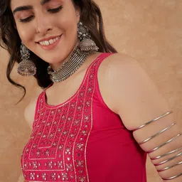 Sangria Ethnic Motifs Mirror Work Embroidered A-Line Kurta With Trouser image 4