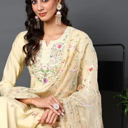 AHIKA Floral Embroidered Regular Thread Work Straight Kurta With Trousers & Dupatta-picture-23