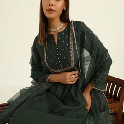 FIORRA Ethnic Motifs Embroidered Regular Sequinned A-Line Kurta with Trousers & Dupatta image 3