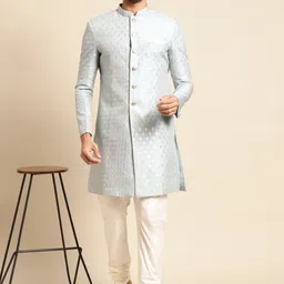KISAH Men Turquoise Blue & Golden Sherwani & Churidar Set-picture-43