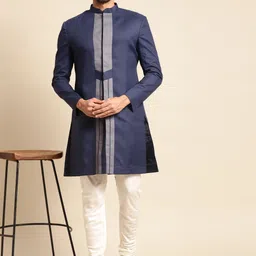 KISAH Men Navy Blue & White Sherwani Set-49
