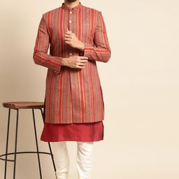 KISAH Men Red & Mustard Striped Sherwani Set-image-24