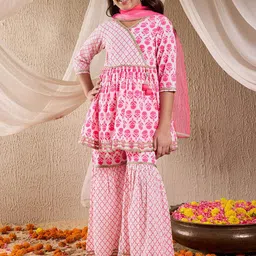 pspeaches Girls Floral Printed Pleated Pure Cotton Anarkali Kurta With Sharara & Dupatta-image-60
