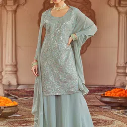 WOMEN PLUS Women Embroidered Regular Sequinned Kurta with Sharara & With Dupatta-picture-10