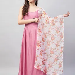InWeave White & Pink Floral Printed Georgette Dupatta-34