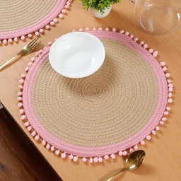 HOSTA HOMES Beige & Pink Self Design Pure Cotton Table Placemat-15