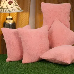 HOSTA HOMES Peach-Coloured 5 Pieces Soft Fur Square Cushion Covers-0