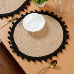 HOSTA HOMES 6 Pieces Beige & Black Self Design Pure Cotton Table Placemats-19