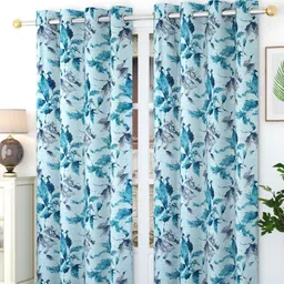 Bajo's Blue & Grey 2 Pieces Floral Printed Satin Long Door Curtains-image-90