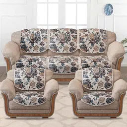 Cloth Fusion Beige & Grey 10-Pieces Digital Printed Velvet 5-seater Sofa Covers-4