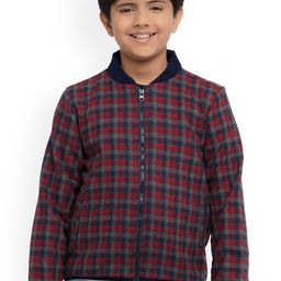 UNDER FOURTEEN ONLY Boys Red & Navy Blue Checked Bomber Jacket-image-42