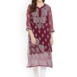 FAWOMENT Women Burgundy Ethnic Motifs Embroidered Chikankari Straight Fit Georgette Kurta-picture-11