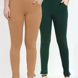 TAG 7 Women Set of 2 Green & Beige Solid Ankle-Length Leggings-25