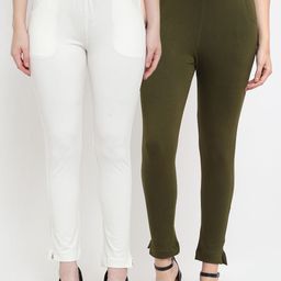 TAG 7 Women Olive Green & Off-White Pack of 2 Leggings-image-85