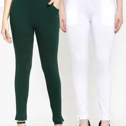 TAG 7 Women Set of 2 Green & White Solid Ankle-Length Leggings-48