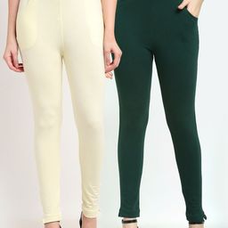 TAG 7 Women Set of 2 Green & Cream-Coloured Solid Ankle-Length Leggings-image-15