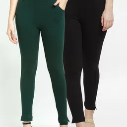 TAG 7 Women Set of 2 Green & Black Solid Ankle-Length Leggings-51