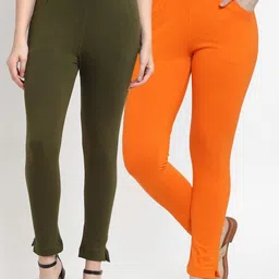 TAG 7 Women Olive Green & Orange Pack of 2 Leggings-image-74