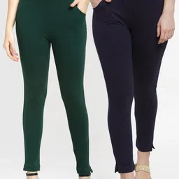 TAG 7 Women Set of 2 Green & Navy Blue Solid Ankle-Length Leggings-22