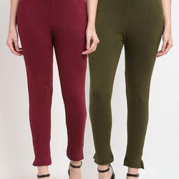 TAG 7 Women Maroon & Olive Green Pack of 2 Leggings-image-75