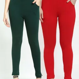 TAG 7 Women Set of 2 Green & Red Solid Ankle-Length Leggings-19