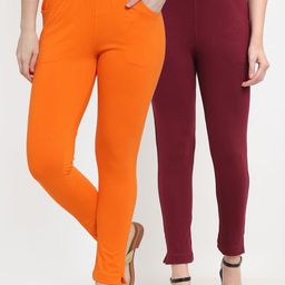 TAG 7 Women Maroon & Orange Pack of 2 Leggings-image-104