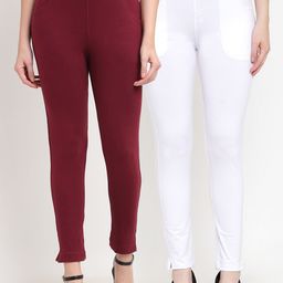 TAG 7 Women Pack of 2 Maroon & White Solid Ankle-Length Leggings-image-63