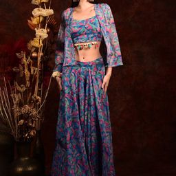 Laalzari Floral Printed Shoulder Strap Crop Top & Wide Palazzo With Jacket-12