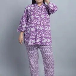 TAG 7 Plus Size Floral Printed Mandarin Collar Pure Cotton Kurti & Pyjama-image-52
