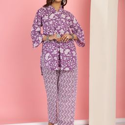 TAG 7 Floral Printed Mandarin Collar Pure Cotton Tunic With Trousers-image-94