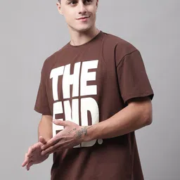 DOOR74 Men Brown Typography Oversize Cotton T-shirt-image-51
