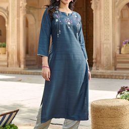 WOMEN PLUS Notch Neck Thread Work Straight Kurta With Trousers-image-88