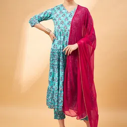 all about you Blue & Red Floral Printed Pure Cotton Kurta With Trousers & Dupatta-picture-18