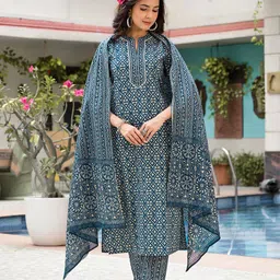 ARAVALII Floral Printed Regular Straight Kurta With Trousers & Dupatta-picture-9
