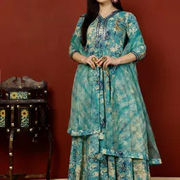 GULMOHAR JAIPUR Floral Printed V-Neck  Sequinned Anarkali Cotton Kurta & Dupatta-image-42