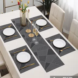 HOKIPO Black 5-Pieces Geometric Rectangular Table Placemats & Table Runner image 3