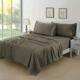 Aurave Rossini Taupe Cotton 400 TC Fitted King Bedsheet with 2 Pillow Covers-image-35