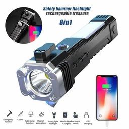 RUDON Rechargeable Torch Flashlight, Long Distance Beam, Car Rescue Torch with Hammer, Window Glass and Seat Belt Cutter, Built-in Mobile USB Fast Charger Power Bank, LED 3W Torch Light, Pack of 1 image 2
